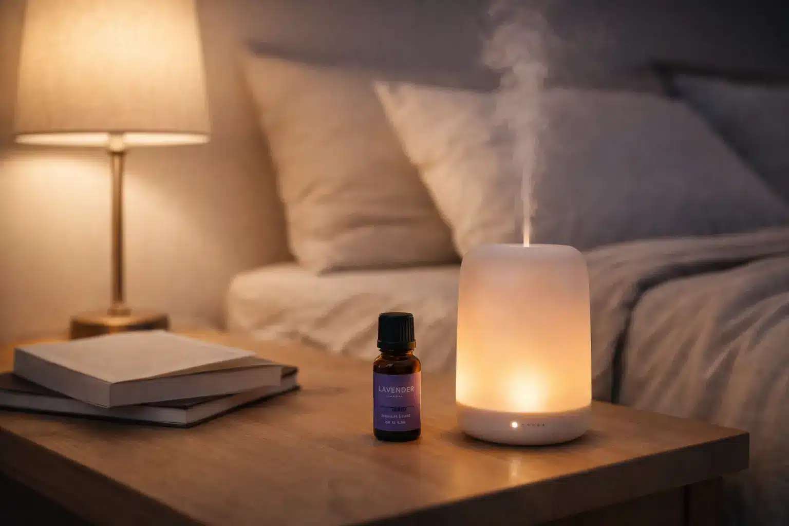 Essential oil diffuser with lavender oil creating a calming sleep atmosphere
